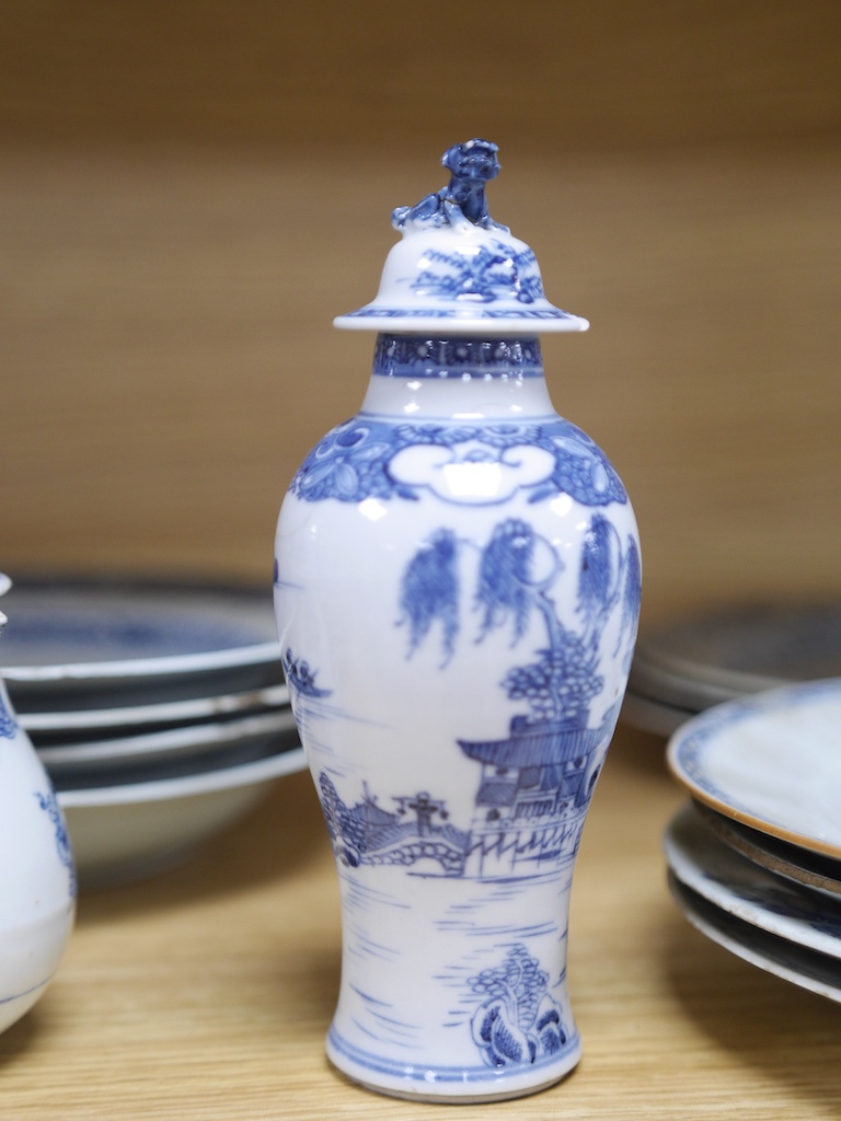 A group of 18th century Chinese export blue and white plates, two similar vases and a jug, largest 22cm wide. Condition - varies, some chipping and cracking